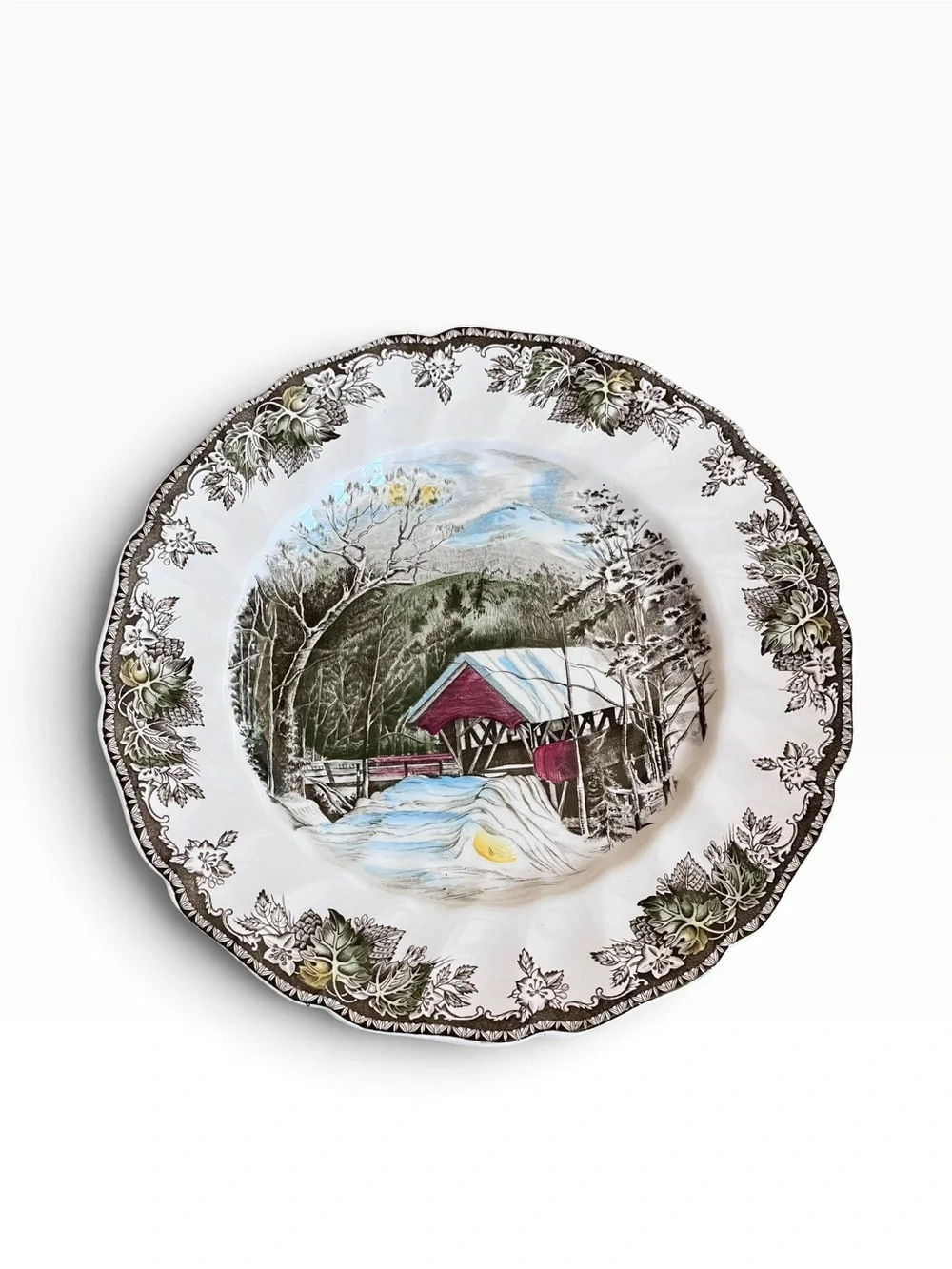 2 Johnson Bros Friendly Village Plates 10¾” The Covered Bridge & School House